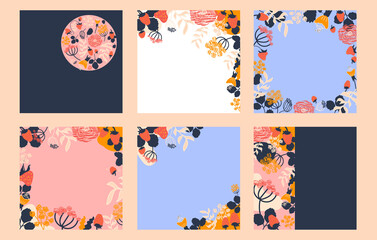 Fototapeta na wymiar Set of 6 abstract backgrounds. Vector frames. Strawberry, various branches, flowers, leaves, spots, curve and lines. Contemporary modern trendy hand drawn illustration.