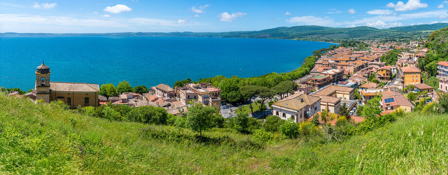 Beautiful panoramic view in Trevignano Romano, overlooking the Bracciano Lake. Rome Province, Lazio, Italy.