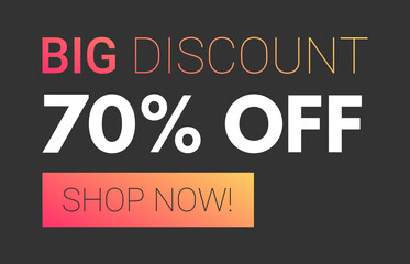 big discount 70 percent off banner isolated on black background. orange gradient promo advertising illustration for your business