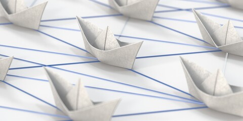 think outside the box,Leadership,teamwork and courage concept.Unique red isometric paper ship