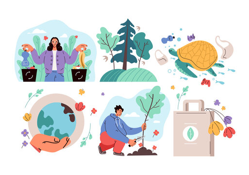 Ecology environment save protection planet Earth day ecological problems concept. Vector flat cartoon modern style graphic illustration