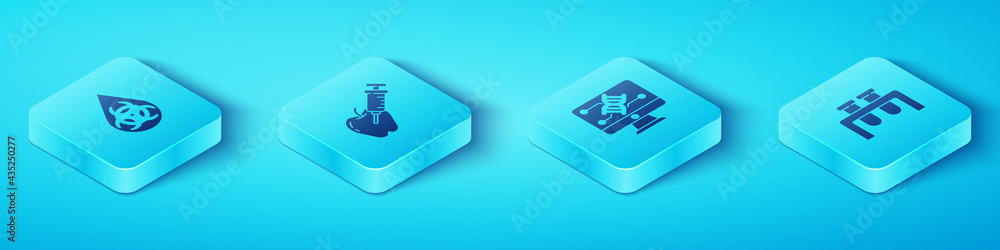 Poster set isometric gmo, genetically modified apple, test tube and flask and engineering modification icon