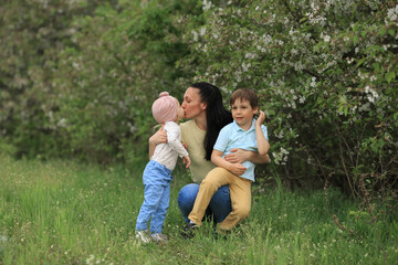 Fototapeta premium young brunette girl hugs her son and kisses her little daughter