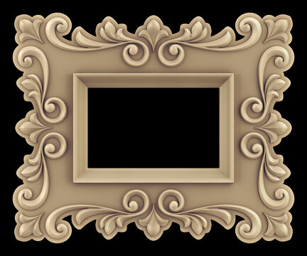 Vintage Artistic Picture Frame. An old-fashioned empty picture frame isolated on black background. 3D rendering graphics.