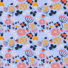 Strawberry seamless pattern. Abstract berries, branches, leaves and flowers. Vector blue background. Perfect for printing on the fabric, design package and cover