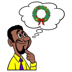 Man thinking about a Christmas Wreath- A cartoon illustration of a man thinking about Christmas Wreath for front door decoration.