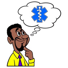 Man thinking about Health Insurance - A cartoon illustration of a man thinking about Health Insurance plan.