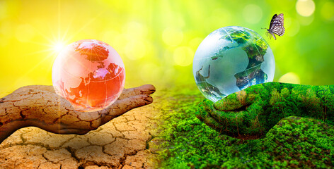 Two orb hands with very different environments Earth Day or World Environment Day Global Warming...