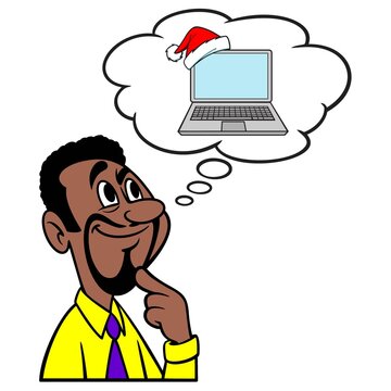 Man thinking about a Christmas Computer - A cartoon illustration of a man thinking about a new computer for Christmas.