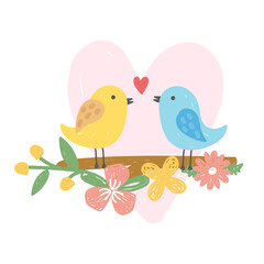 Cute birds in love. Hand drawn style. Birds couple with heart. Vector illustration.