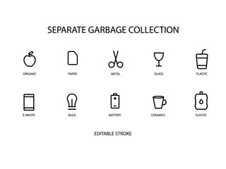 Separate garbage collection outline icon. Trash sorting. Customizable linear contour symbol