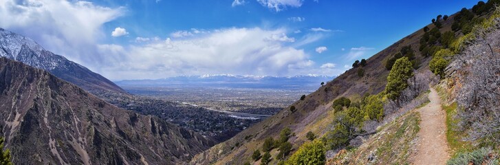 Rocky Mountains landscape views from Grandeur Peak hiking trail, Bonneville Shoreline Pipe Line Overlook Rattlesnake Gulch trail, Wasatch Front, by Salt Lake City, Utah. United States. USA