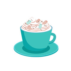 Blue cup of coffee with whipped cream and marshmallow. Perfect for a menu or poster of restaurant or coffee shop