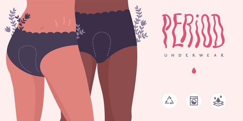 Vector concept illustration for period pants, menstrual brief, period underwear, menstruation, alternatives to tampons, eco and reusable solutions. Two woman wear the product. Lettering and icons. - obrazy, fototapety, plakaty