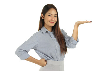 Portrait of smiling young beautiful Asian woman with long dark brown hair pretending to hold something isolated on white background.