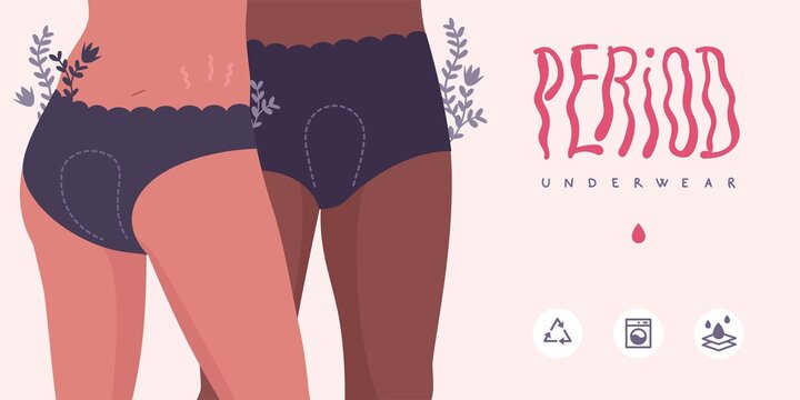 Vector Concept Illustration For Period Pants, Menstrual Brief, Period Underwear, Menstruation, Alternatives To Tampons, Eco And Reusable Solutions. Two Woman Wear The Product. Lettering And Icons.