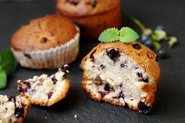 cutaway  blueberry muffin, homemade baking