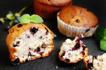 cutaway  blueberry muffin, homemade baking