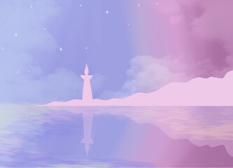 Illustration The magic of on the lagoon in pastel colors , for using a natural or abstract background.