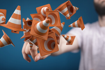 Traffic cones. Under construction sign. 3d