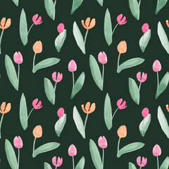 Simple tulips pattern, abstract watercolor free-hand illustration for postcard, invitation, banner