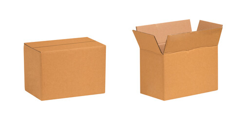 Kraft cardboard boxes isolated on white background. Box mockup design.