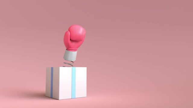 Gift box funny open have spring boxing glove animation pastel tone.Concept for party and celebrate background element with 3d rendering.