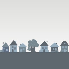 Village, group of houses and tree, gray vector illustration, conceptual picture, banner