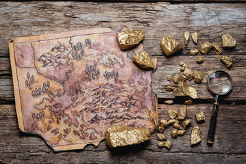 Ancient pirate treasure map and golden ore on the wooden flat lay table background.