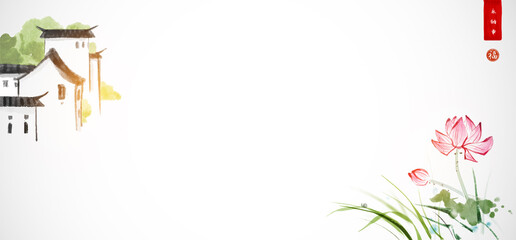 Obraz premium Landscape with lotus flowers and traditional chinese village on white background. Hieroglyphs - eternity, freedom, happiness, well-being. Traditional oriental ink painting sumi-e, u-sin, go-hua.