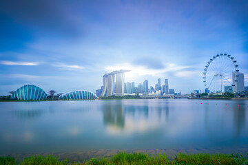 Sky lines and city views reflected across the water on Singapore's Marina Bay.