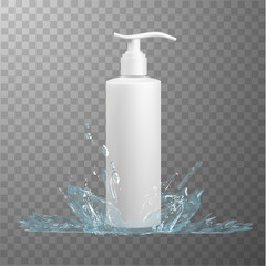 White plastic hdpe cosmetics bottle with press pump dispenser on checkered background