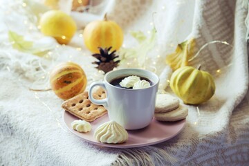 A cup of coffee with meringues, cookies, pumpkins, leaves on a warm plaid, illumination, the concept of home comfort, relaxation, loneliness, Thanksgiving, autumn, October