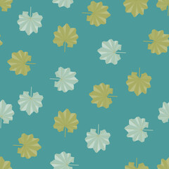 Fototapeta na wymiar Decorative seamless pattern with green random doodle exotic leaf shapes. Turquoise background.