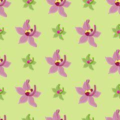 Purple orchid flowers bloom seamless pattern in doodle style. Green pastel background. Summer print.