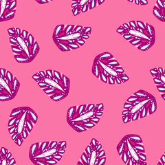 Bright purple folk monstera silhouettes seamless nature pattern. Pink backround. Random ornament.