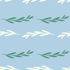 Bright minimalistic seamless pattern with green and white leaf branches elements on blue background.