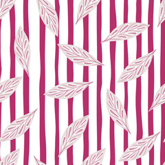 Random pink geometric leaf silouettes seamless pattern in doodle style. Red and white striped background.