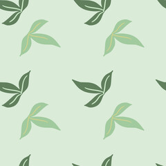 Minimalisic leaf seamless pattern in hand drawn floral style. Green pastel background. Spring style.