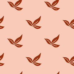 Minimalistic seamless pattern with red simple leaf ornament. Pink background. Nature backdrop.