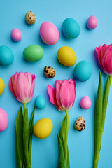 Colorful easter eggs and tulips on blue background