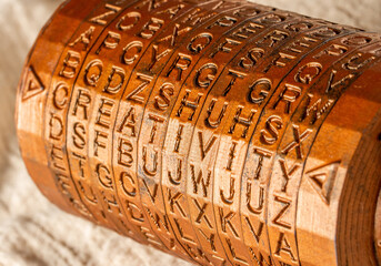 Bronze cryptex invented by Leonardo da Vinci from the book da vinci code. Word creativity as...