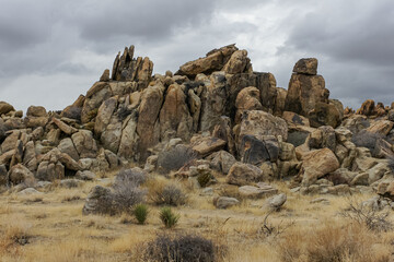 Joshua Tree National Park, CA, USA - December 30, 2012: Tall heap of brown and black rocks with dry and green shrub in front under mostly thick cloudscape.