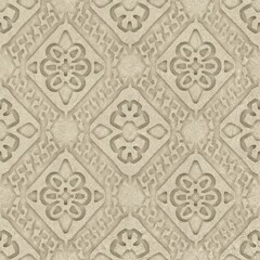 Seamless embossed paper texture for print. High quality illustration. Beige taupe or tan paper texture with embossed abstract ethnic tribal design overlay. Seamless repeat raster jpg pattern swatch.