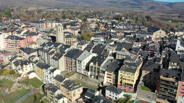 top view of landscape with houses and tower in Puigcerda in Spain