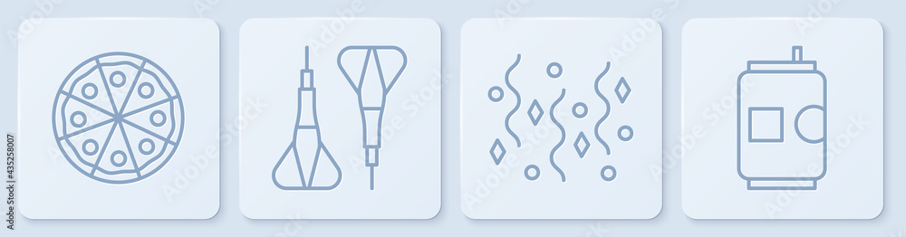 Poster set line pizza, festive confetti, dart arrow and beer can. white square button. vector