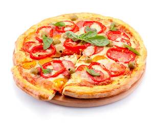 Slice pizza with melted cheese isolated on white background