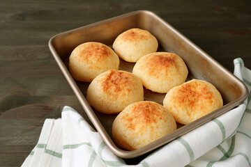 Fresh Baked Homemade Pao de Queijo or Brazilian Cheese Bread in the Baking Tray	