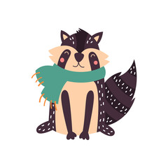 Cartoon animal, cute raccoon on a white background. Flat design. Vector illustration