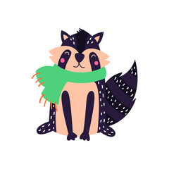 Cartoon animal, cute raccoon on a white background. Flat design. Vector illustration